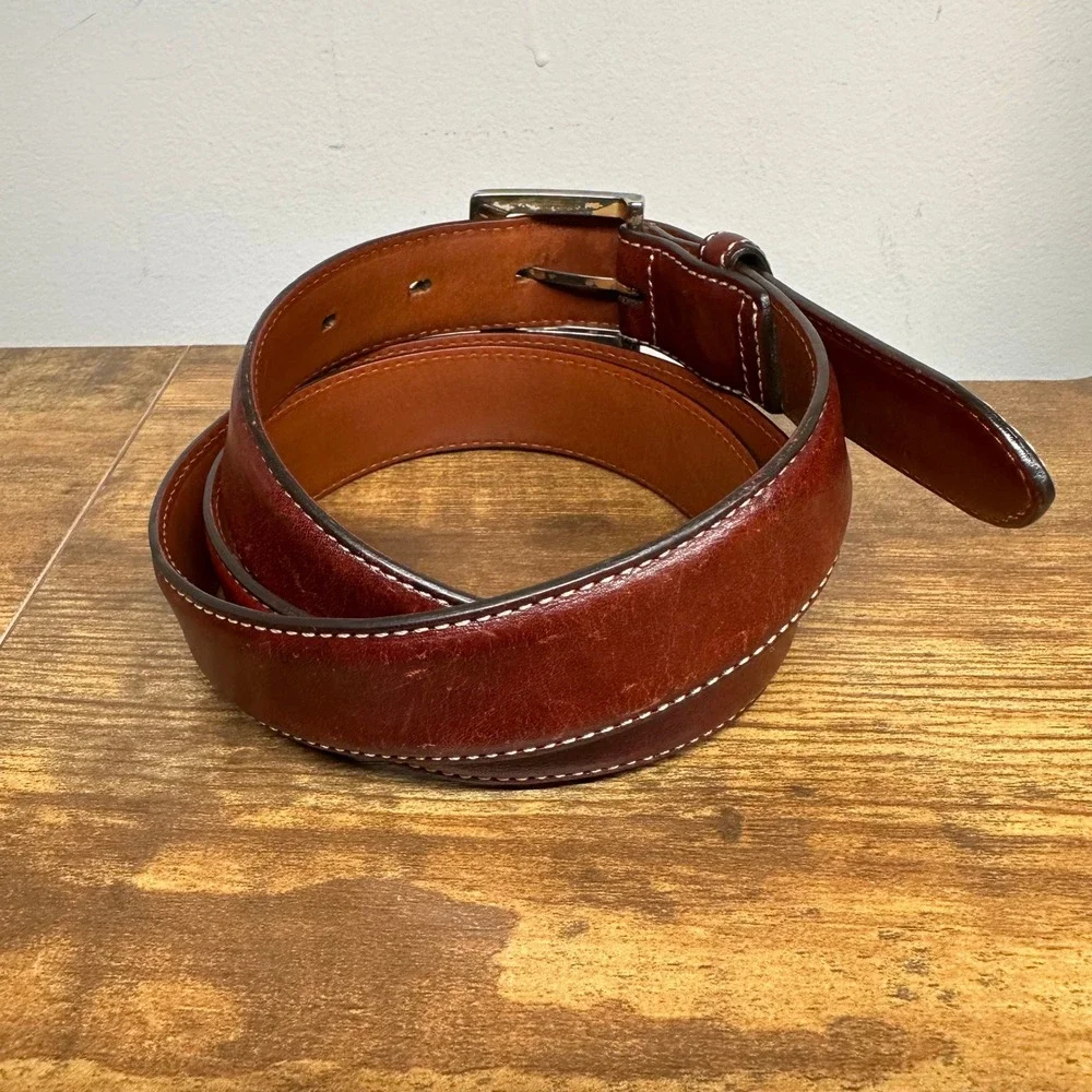 Brooks Brothers Mens Brown Leather Belt Made in Italy Contrast Stitch Size 36